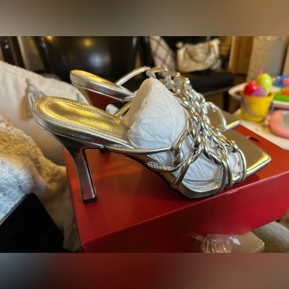 Goolita Metallic Braided Sandals Open Toe Stiletto Mule Heels Sexy Backless